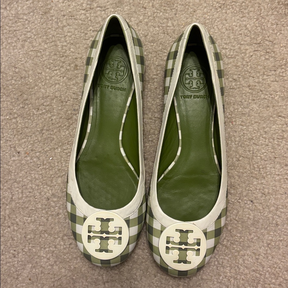 Tory Burch Olive and Cream Checkered Flats